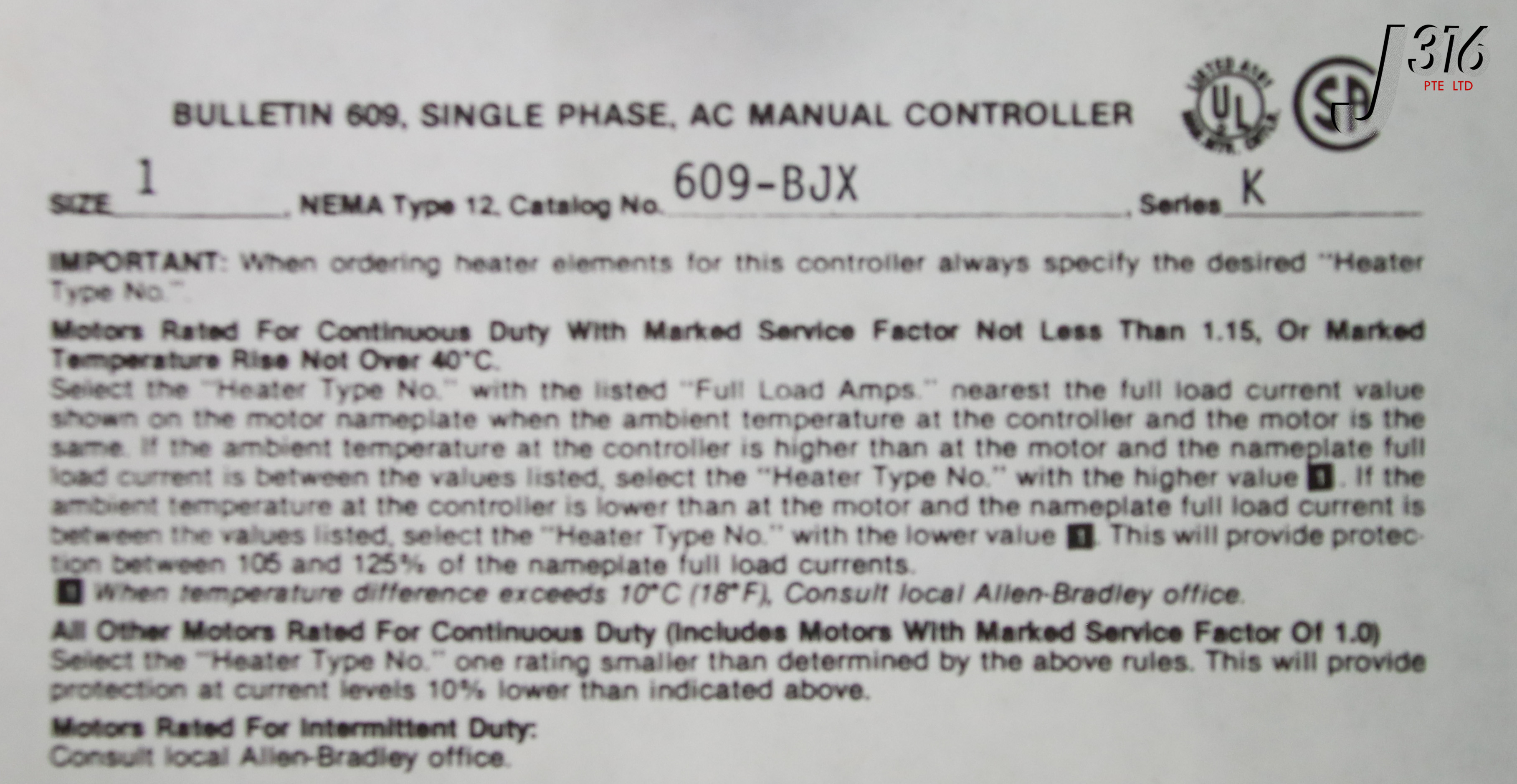 19451 ALLEN-BRADLEY BULLETION 609 SINGLE PH AC MANUAL CTLR 609-BOX